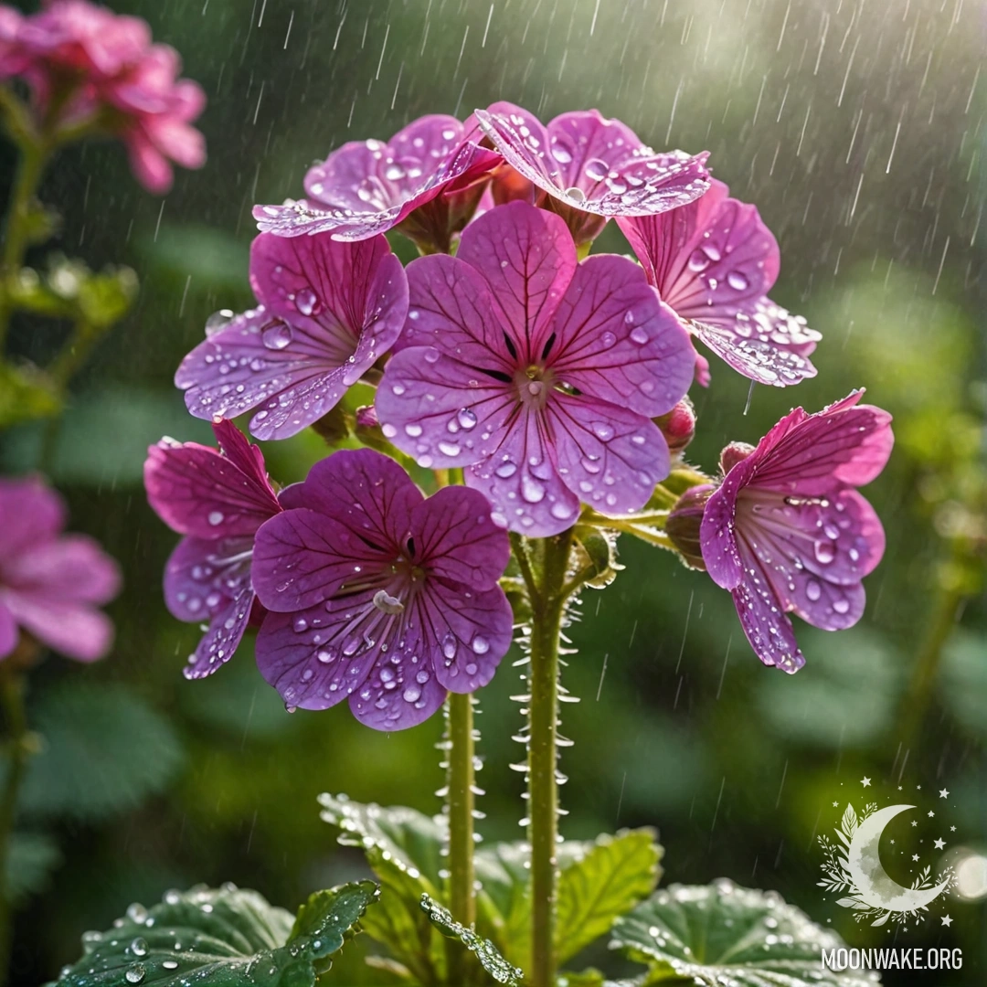 Стильная пурпурная герань под дождем, освещенная солнечными лучами.