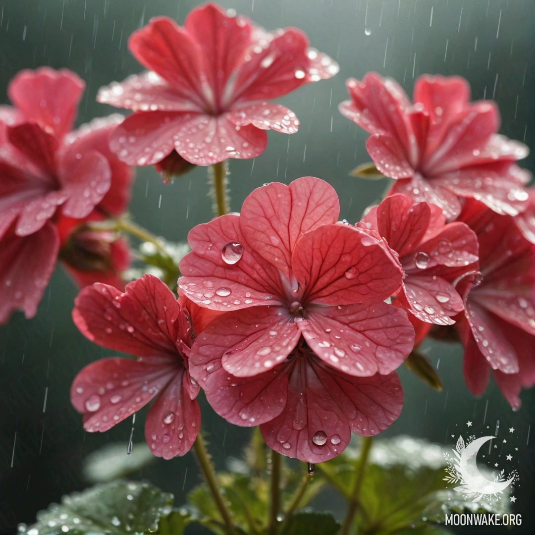 Нежный цветок герани под дождем, освещенный солнечными лучами с блестками на фоне.