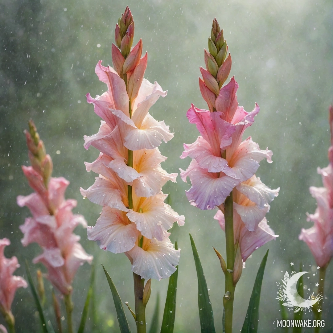 Нежный цветок гладиолуса, окруженный туманом и дождем, освещенный солнечными лучами.