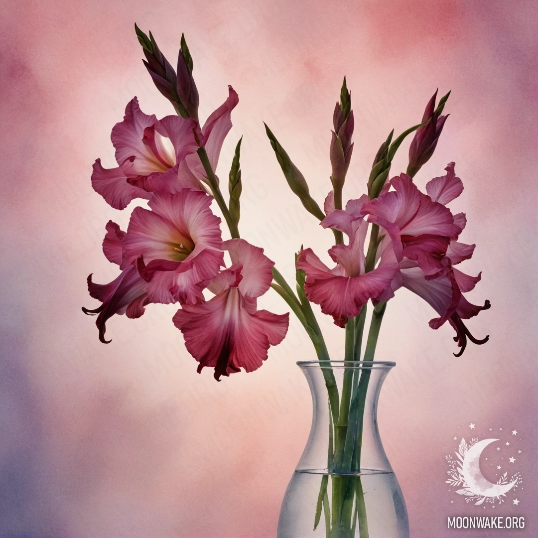 Гладиолус фуксиевого цвета в вазе, окруженный туманом на фоне заката, акварельная живопись.