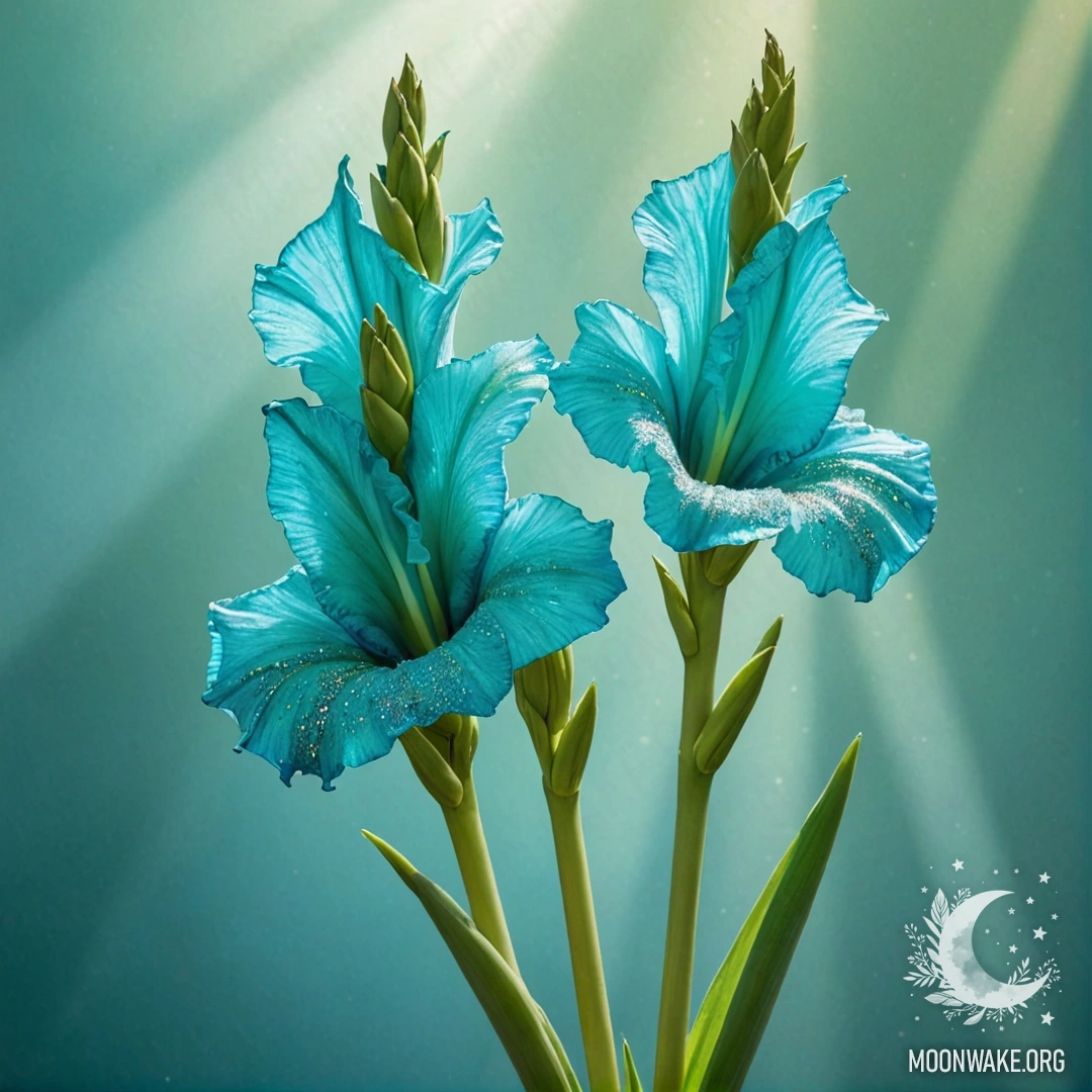 Нежный гладиолус зеленовато-голубого цвета, освещённый золотыми солнечными лучами, украшенный сверкающими блестками.