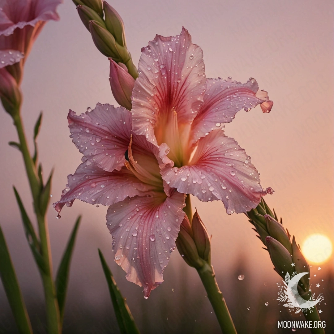 Минималистичное изображение розового гладиолуса с каплями росы на закате, украшенное стразами и с японской каллиграфией.
