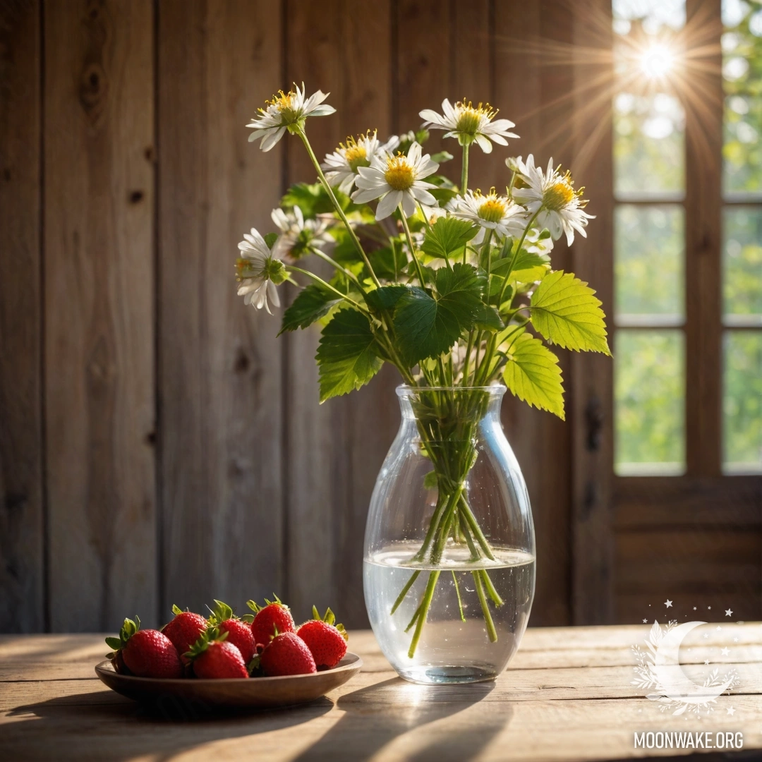 Прозрачная стеклянная ваза, наполненная веточками клубники и нежными цветами, на фоне деревянной стены.