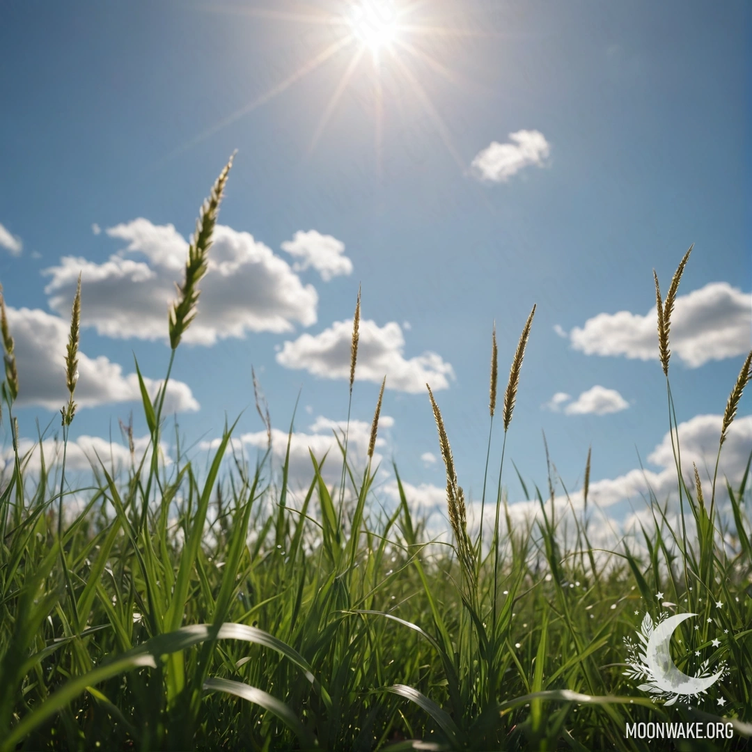 Крупный план зеленой травы на поле с размытым небом и облаками