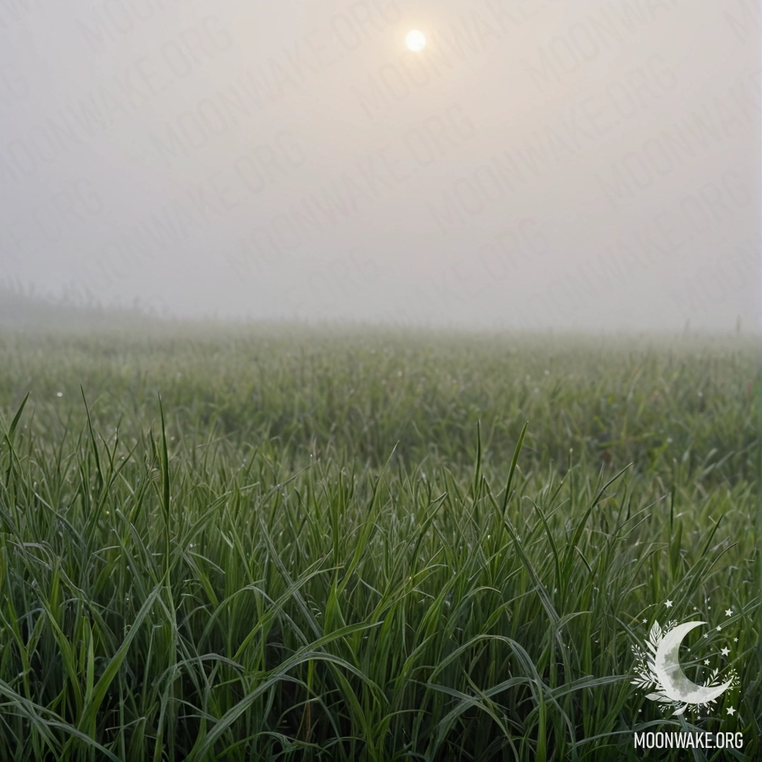 Ближний план травы на поле в тумане против размытого неба.