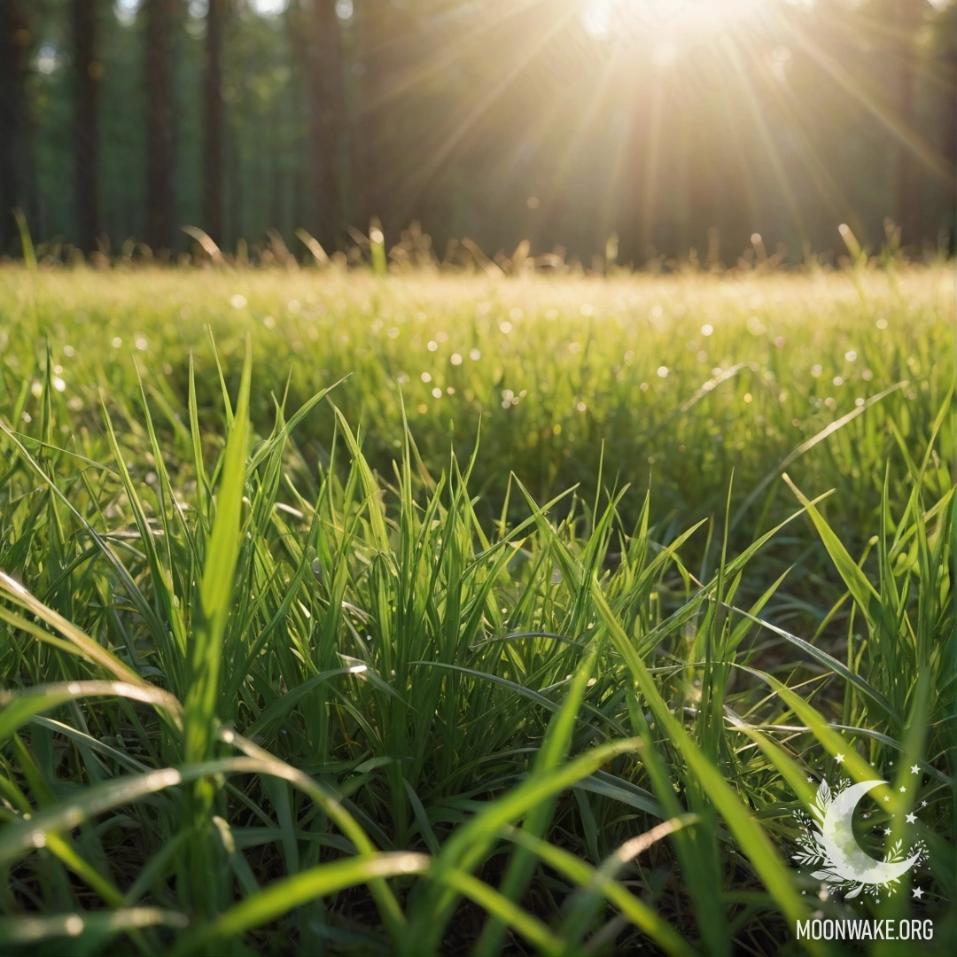 Крупный план травы на минималистичном поле на фоне размытого леса, залитого солнечным светом.