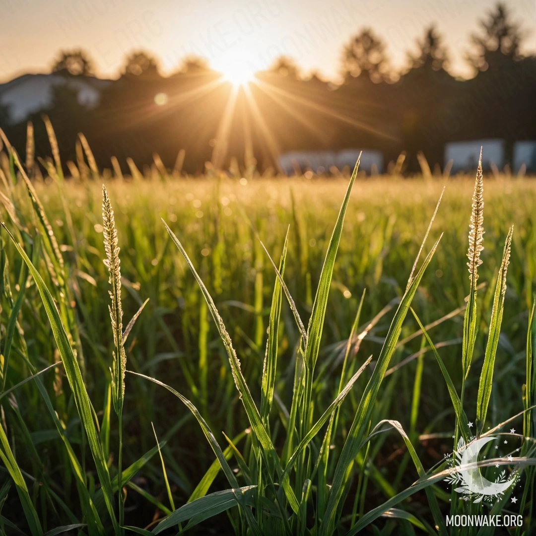Крупный план травы на поле на фоне размытого заката.