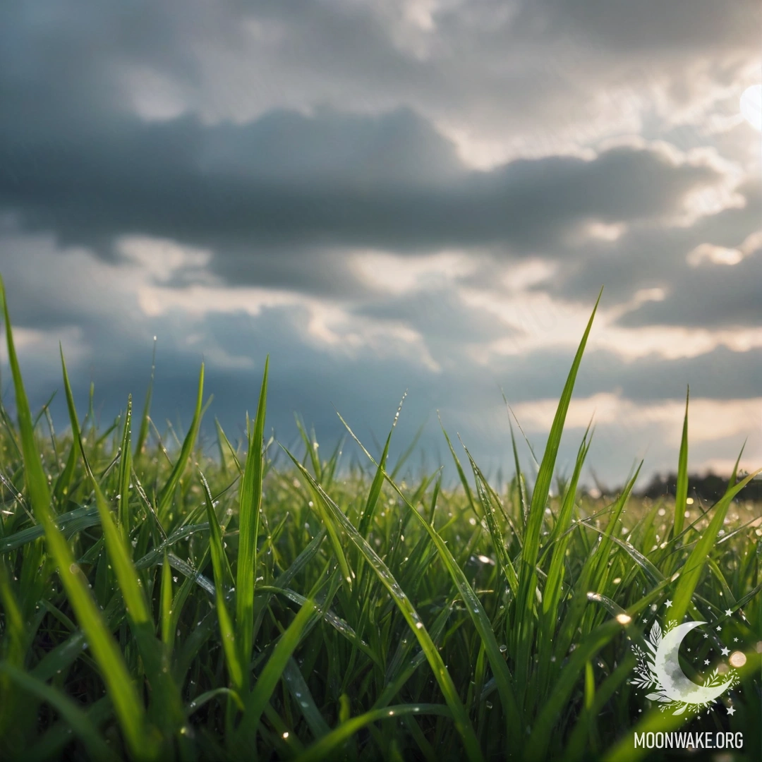 Крупный план травы на минималистическом поле с размазанным небом выше, на котором видны облака и дождь.