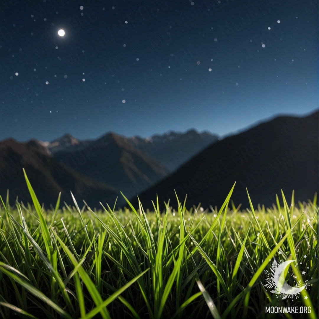 Крупный план травы на поле с размытыми горами на фоне ночью.