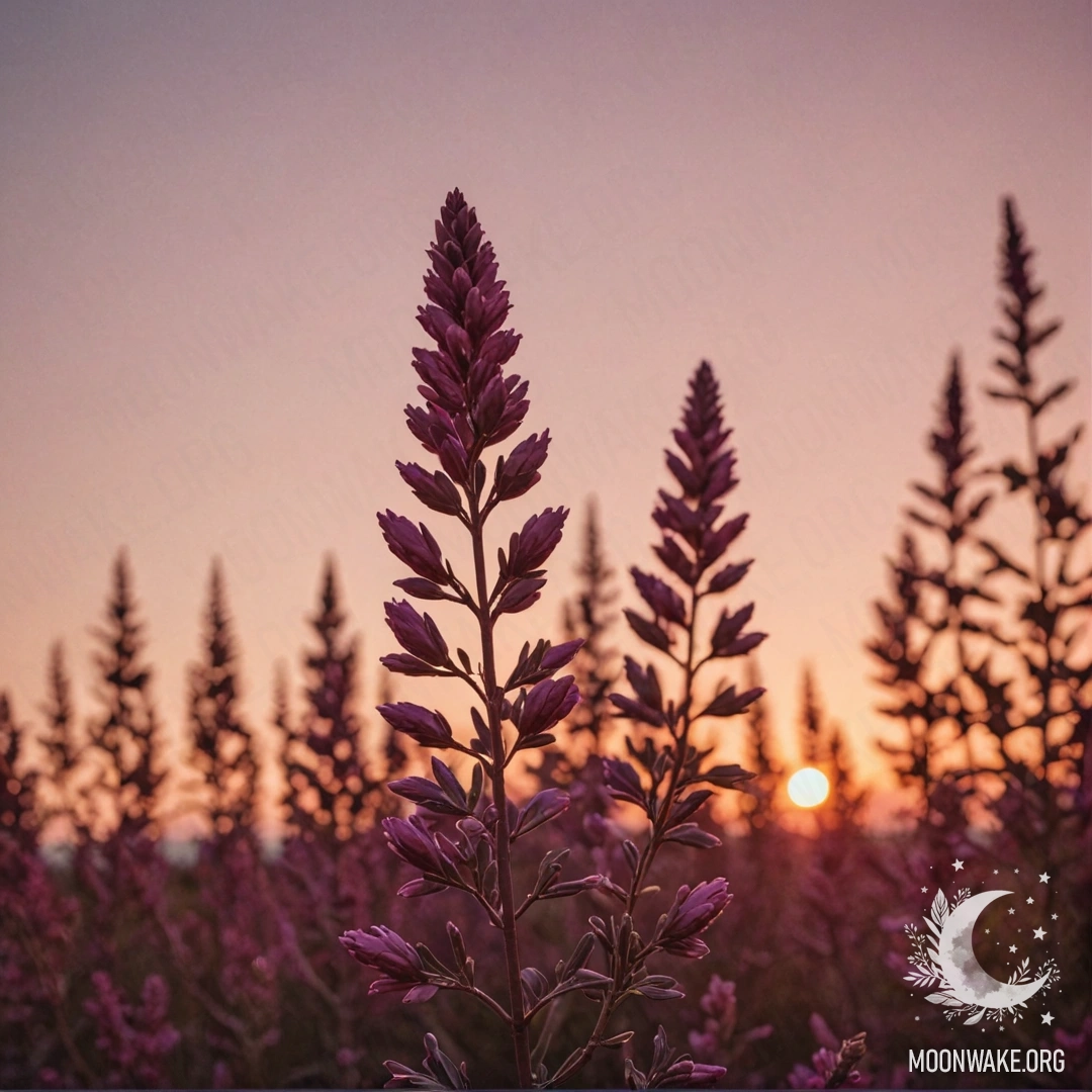 Минималистичный пейзаж с вереском, окрашенным в красные тона на закате.