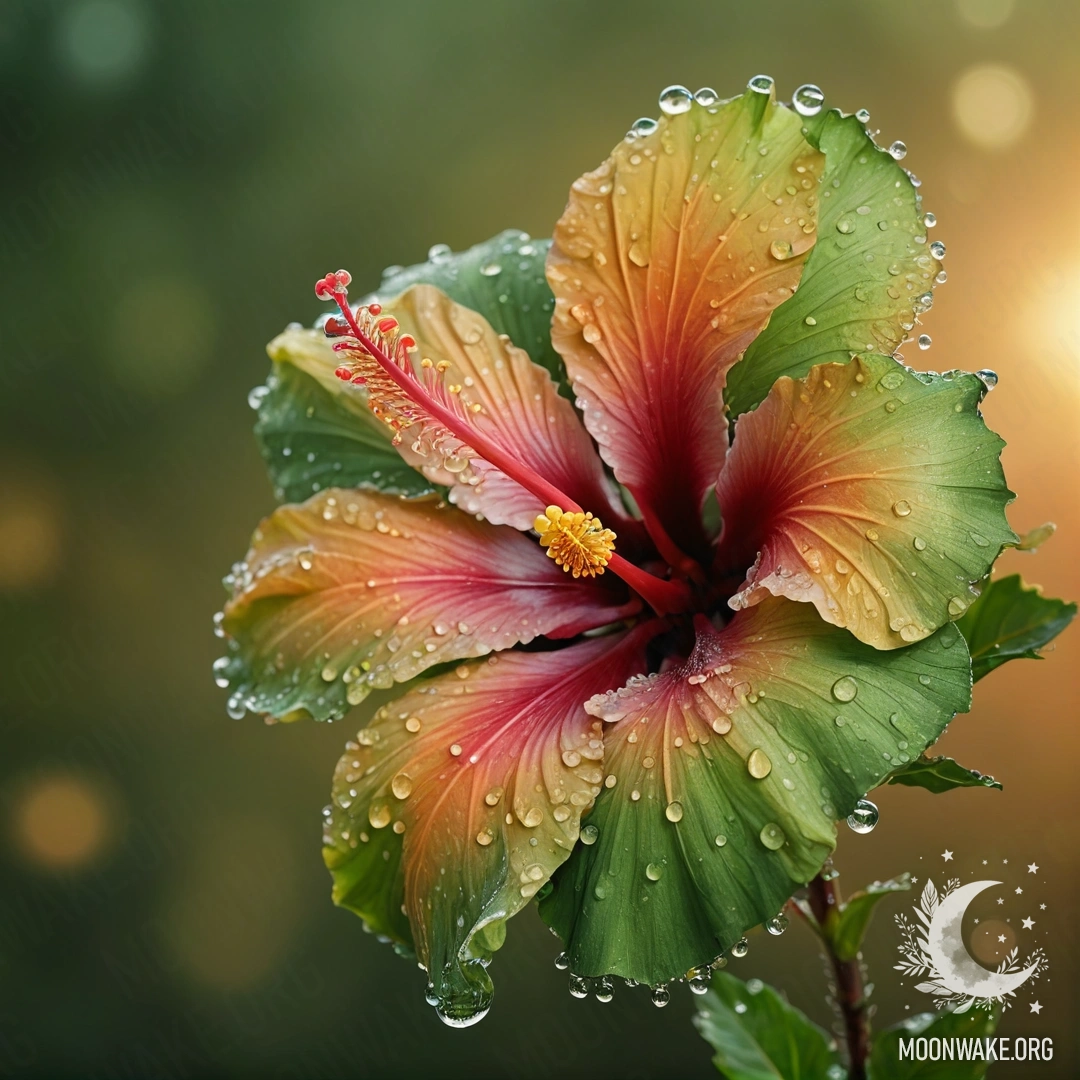 Минималистичный букет зелёных цветов гибискуса, украшенный капельками росы на закате.