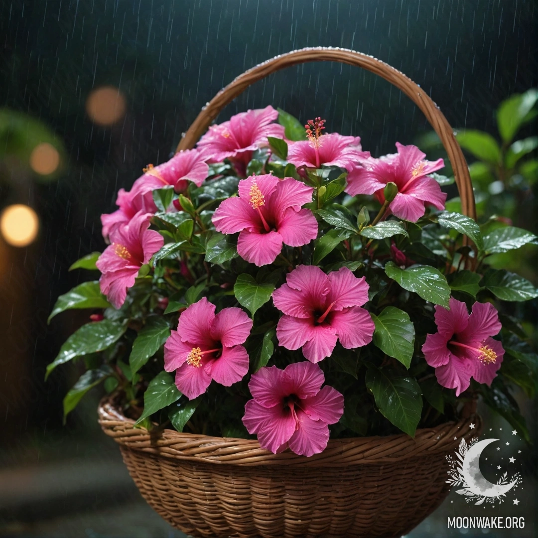Фуксиевый гибискус в корзине, промокший под дождем ночью.