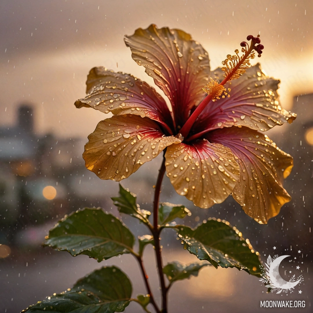 Минималистский цветок гибискуса, облитый дождём, сверкающий золотыми пайетками на фоне заката.