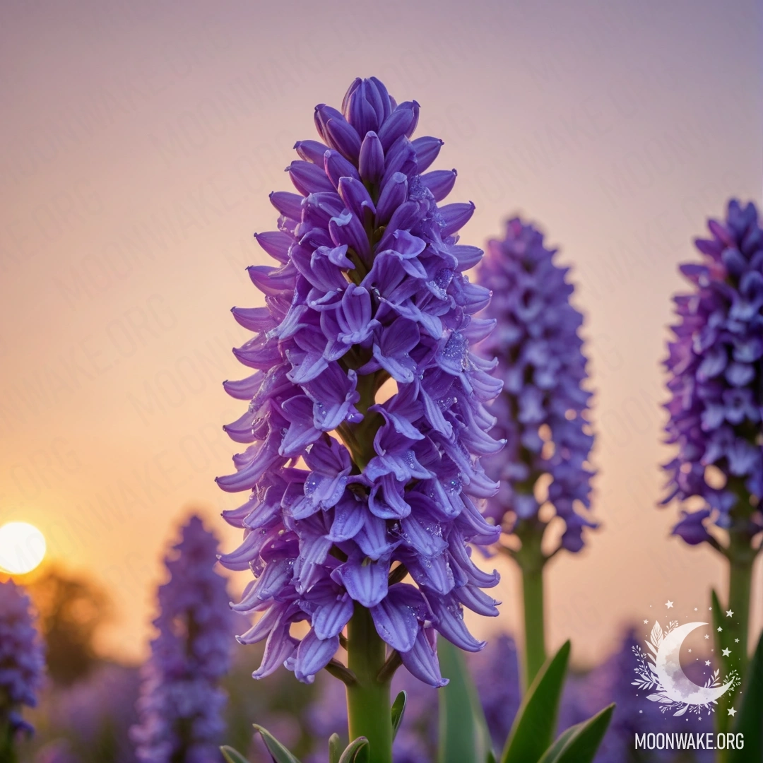 Минималистичный гиацинт мятного цвета на фоне заката с блеском.