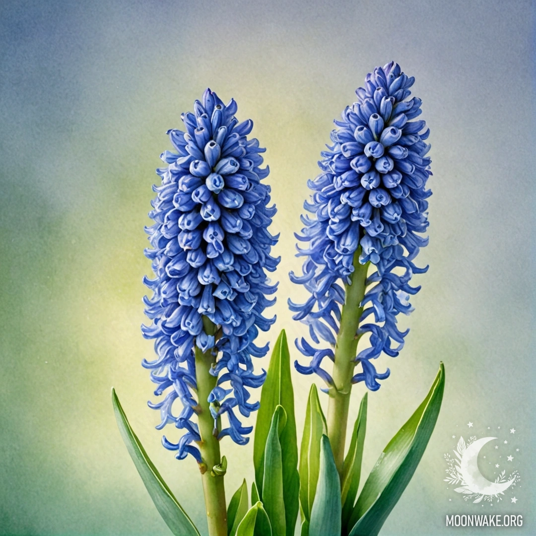 Один зеленовато-голубой гиацинт, окруженный туманом, с солнечными лучами, освещающими его.