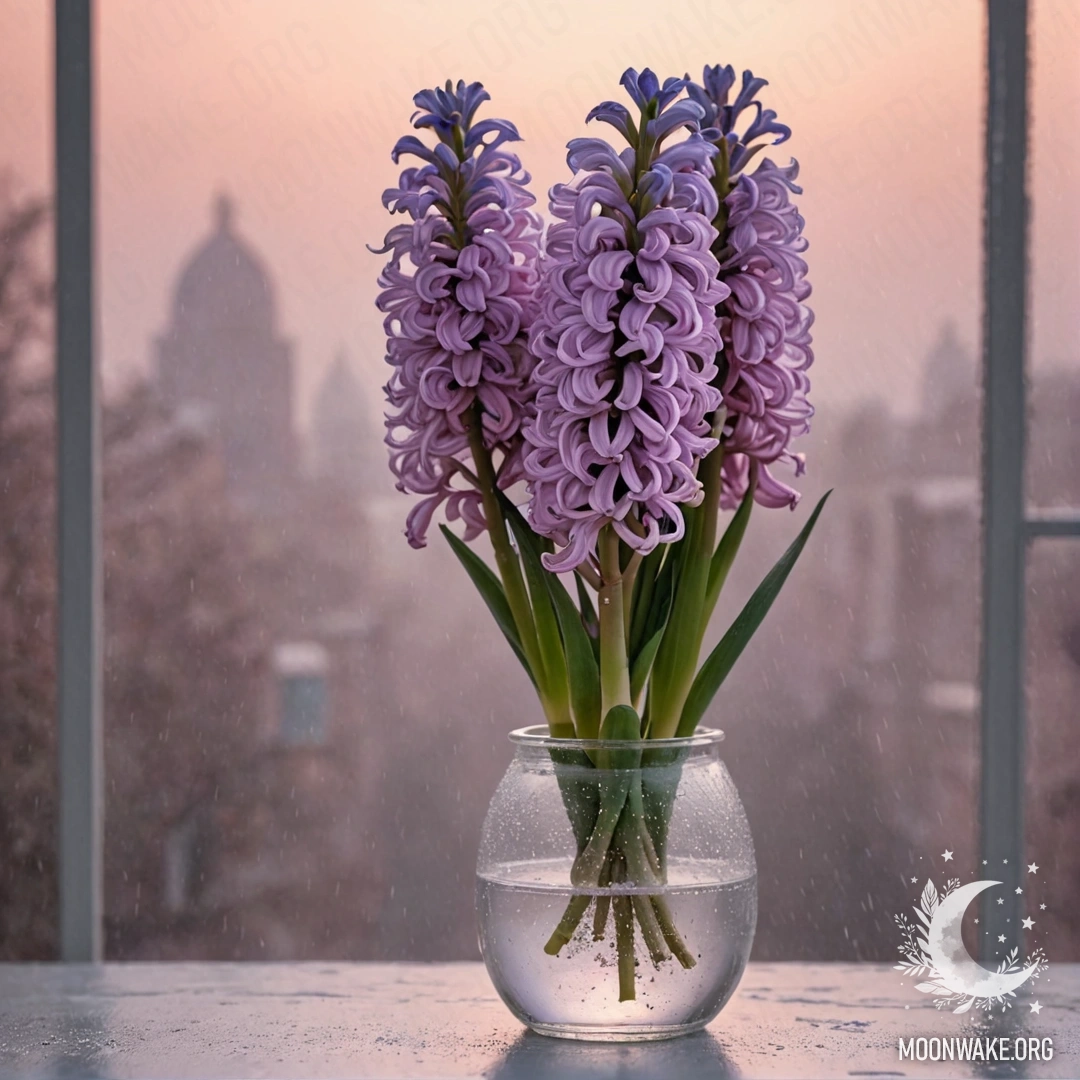 Розовый гиацинт в вазе, окруженный туманом и дождем на закате.