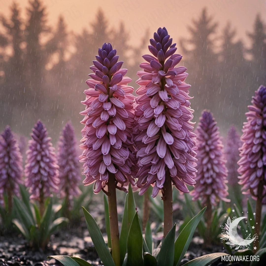 Нежный розовый гиацинт пробивается сквозь туманный дождь на закате.