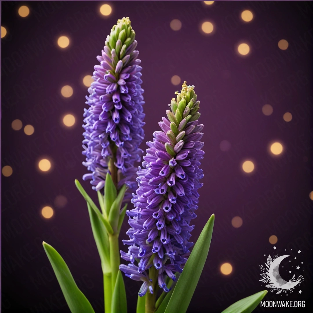 Минималистичное изображение цветка гиацинта ночью, окруженного блестками и оливковым цветом.