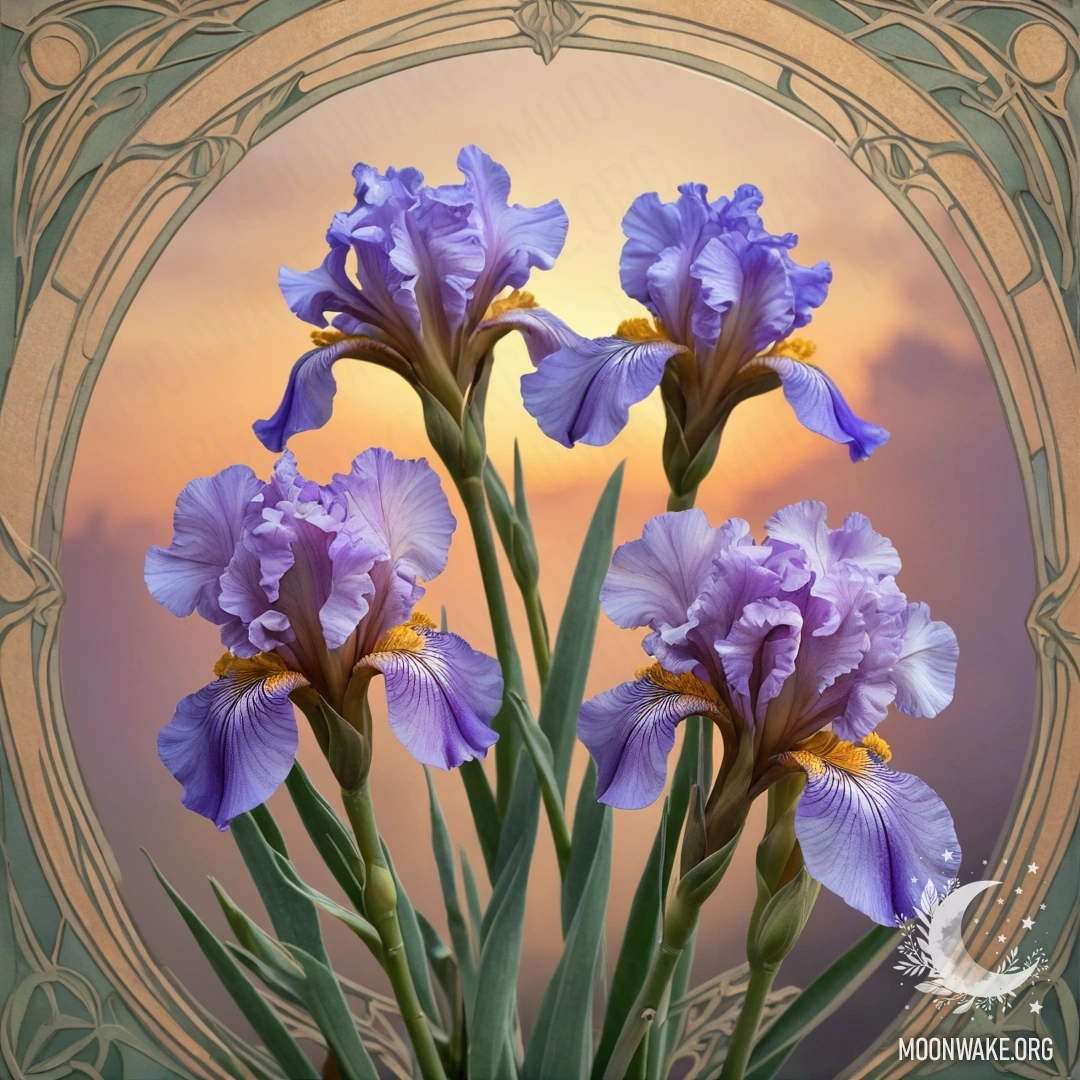 Нежный букет ирисов с паутиной на фоне заката.