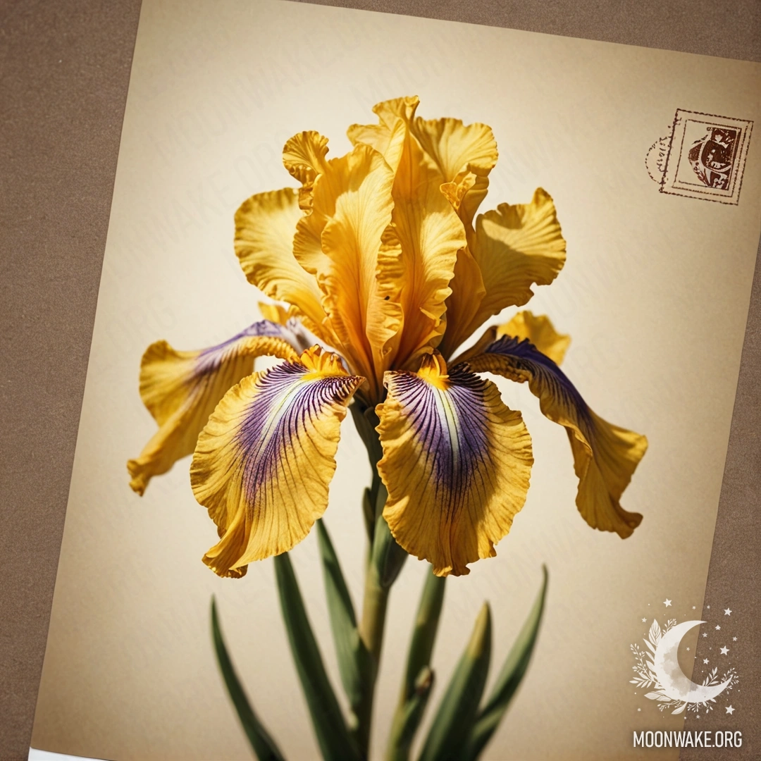 Минималистская цветка ириса, украшенная золотой паутиной и солнечными лучами