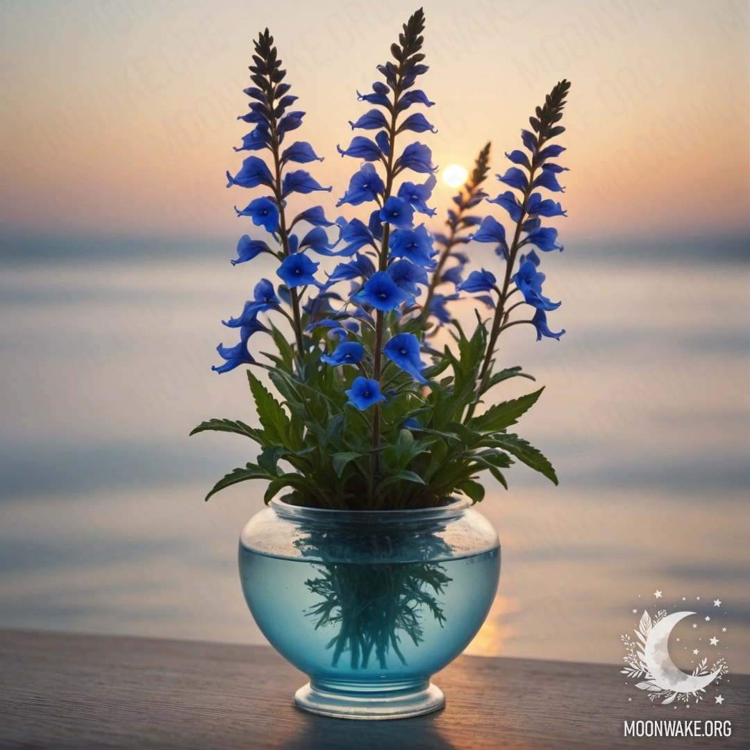 Ваза с нежными цветами лобелии, окутанная туманом на закате.