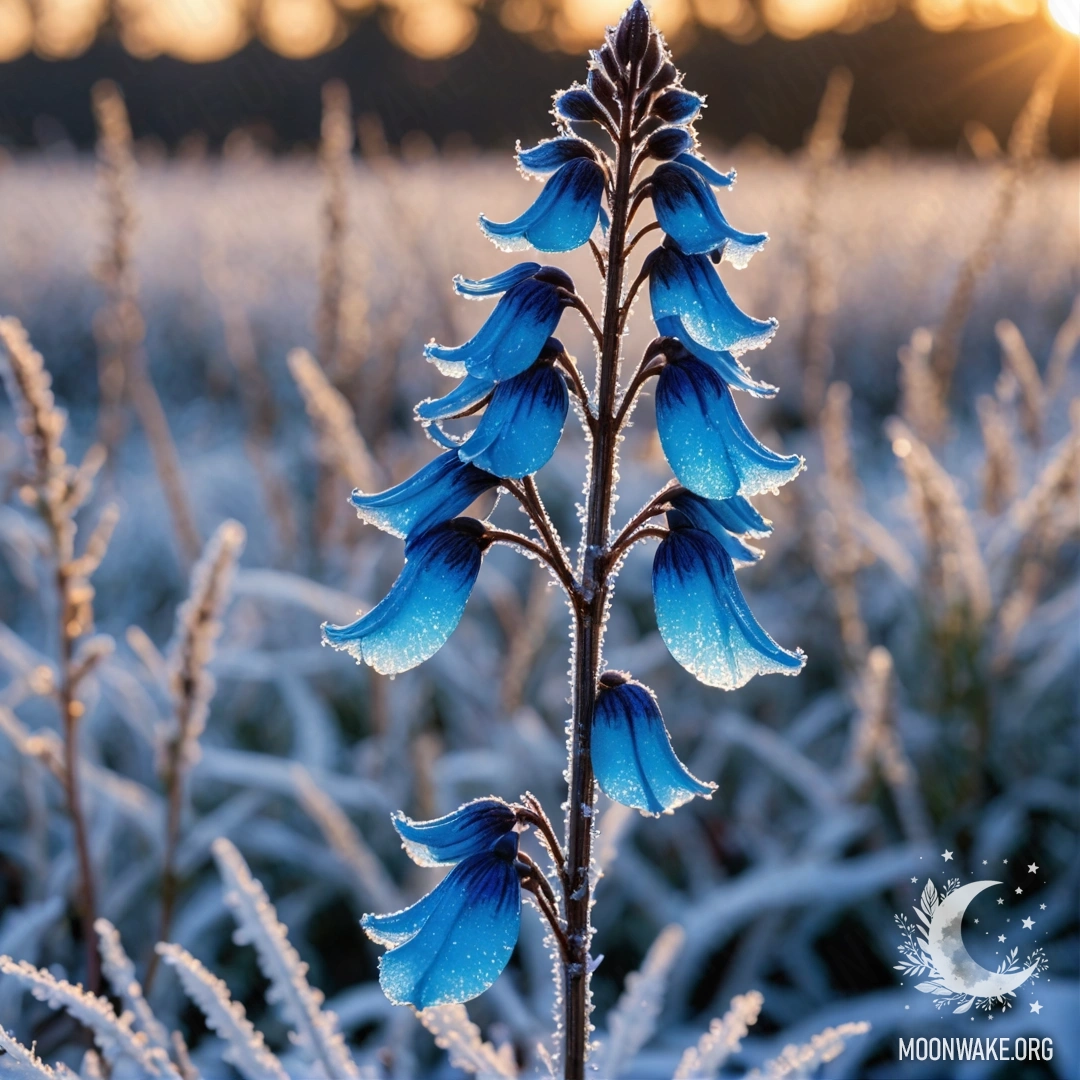 Близкий план лобелий аквамаринового цвета, покрытых инеем на фоне заката.