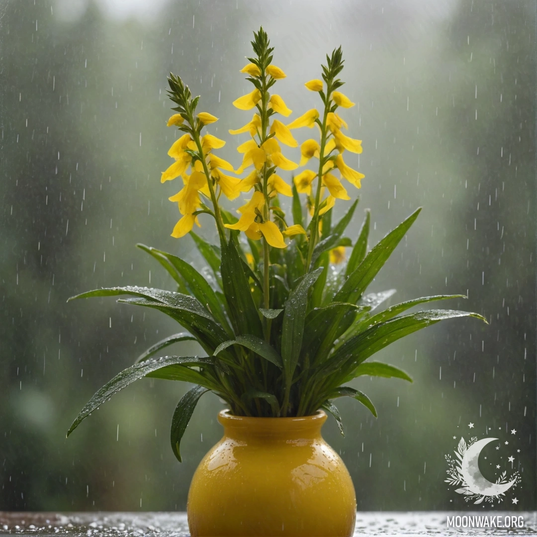 Нежный цветок лобелии в жёлтой вазе, окружённый туманом и каплями дождя.