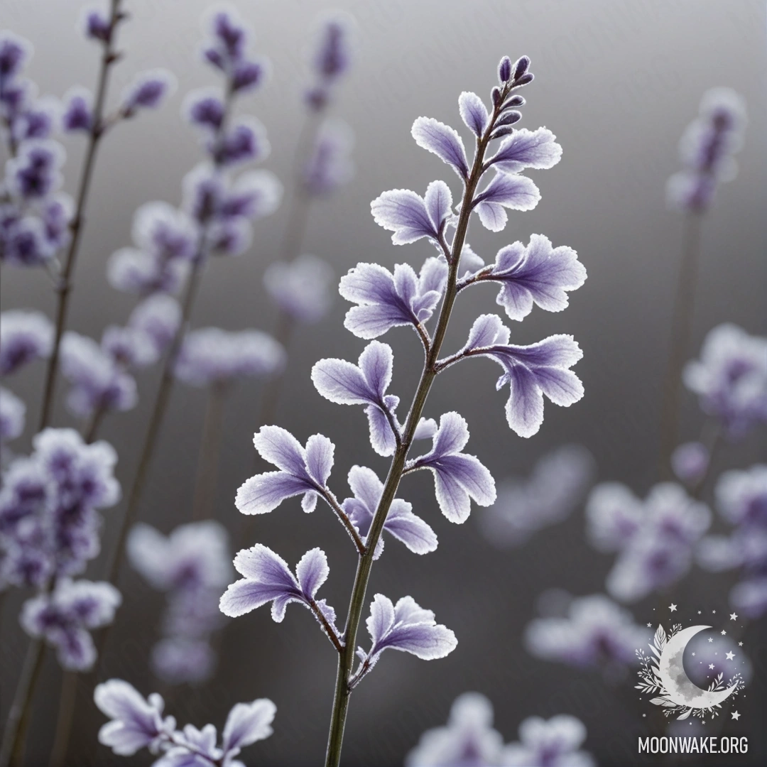 Нежное растение лунария с лавандовыми оттенками на фоне инея.