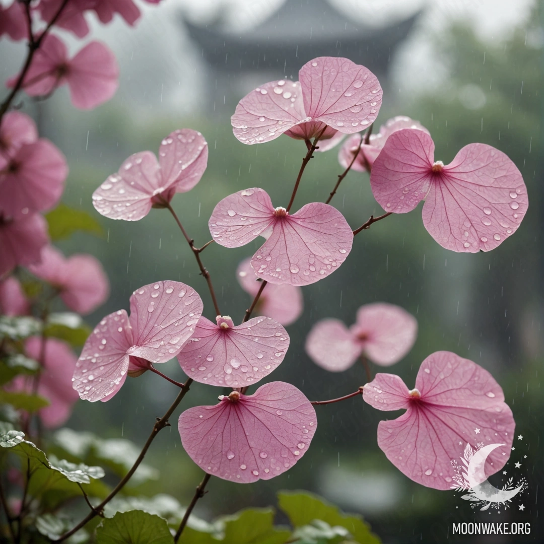 Нежная лунария, плавно колышущаяся в дымке дождя, утопающая в мягких розовых тонах.