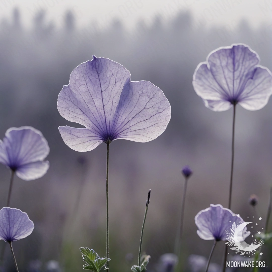Акварельная картина с узорами лунарии лавандового цвета, окутанными туманом.