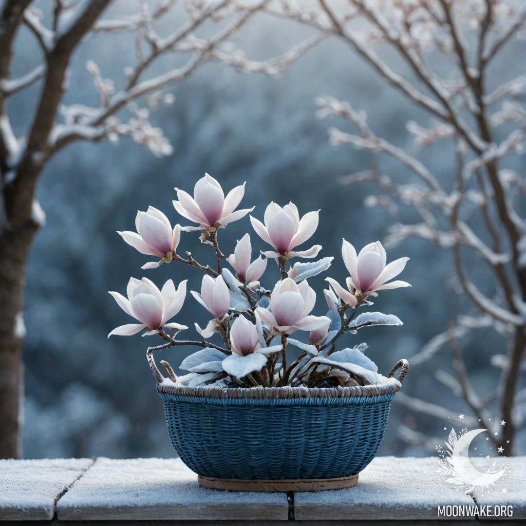 Минималистичное изображение магнолии в покрытой морозом голубой корзине.