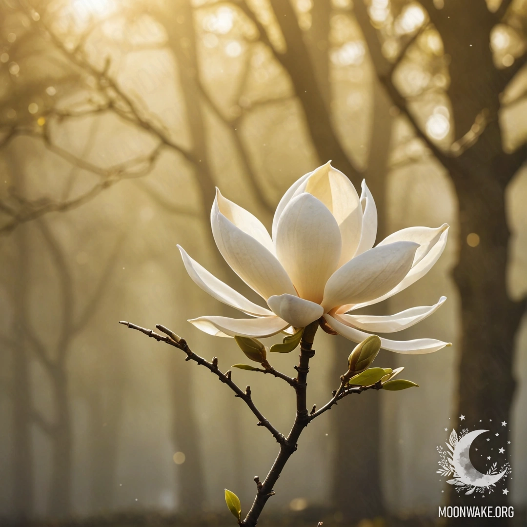 Минималистичная сцена с магнолией, окруженной туманом и золотыми лучами солнечного света.