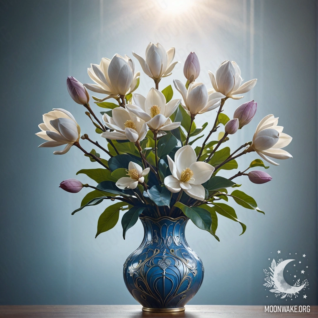 Синий букет магнолии в тумане, залитом солнечными лучами.