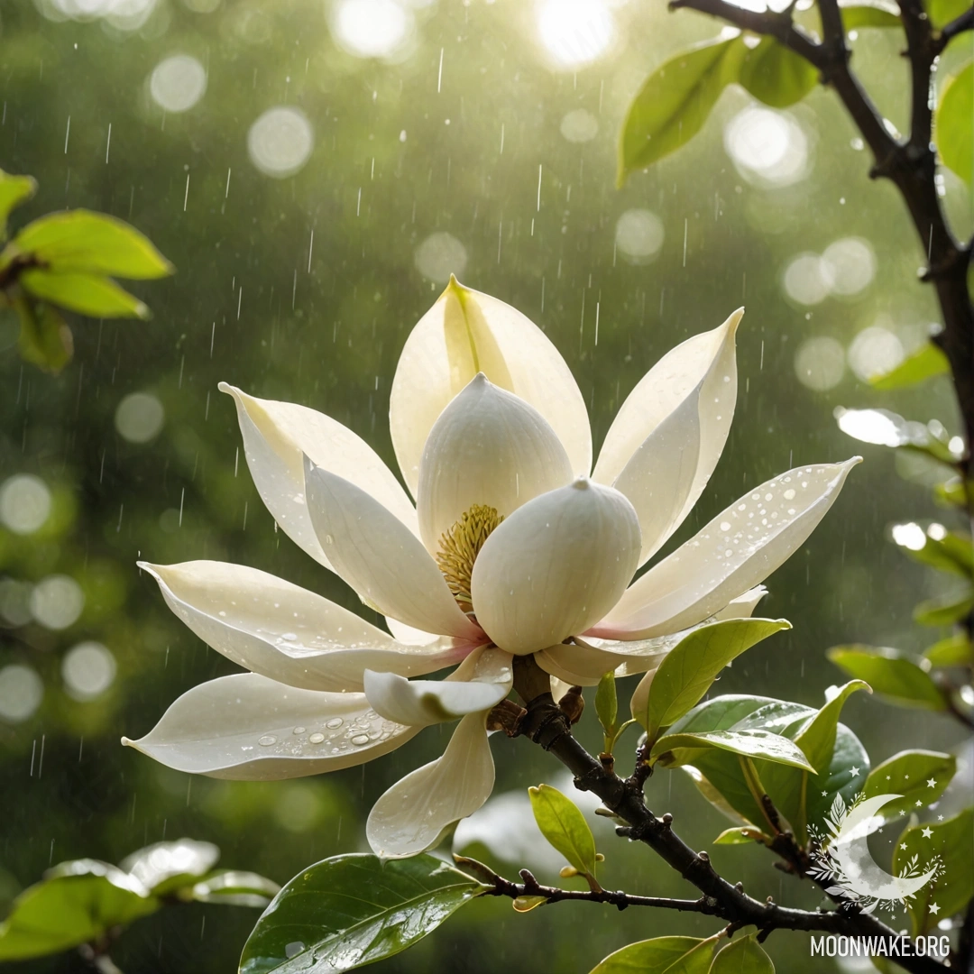 Минималистичное изображение магнолии под дождем с пробивающимися солнечными лучами, выделенное блестящими лаймовыми оттенками.