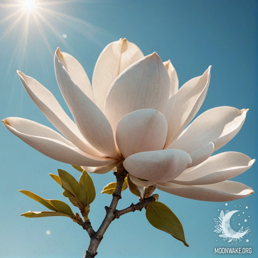 Минималистичное изображение цветов магнолии, залитых солнечным светом, на небесно-голубом фоне, сверкающем от блеска.