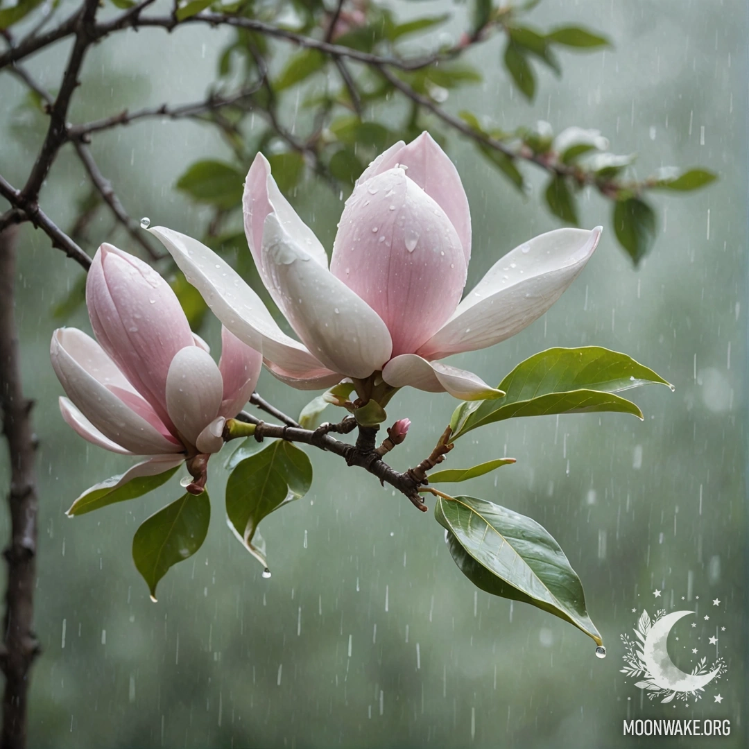 Минималистичное изображение магнолии под дождем, с узорами мятного цвета.