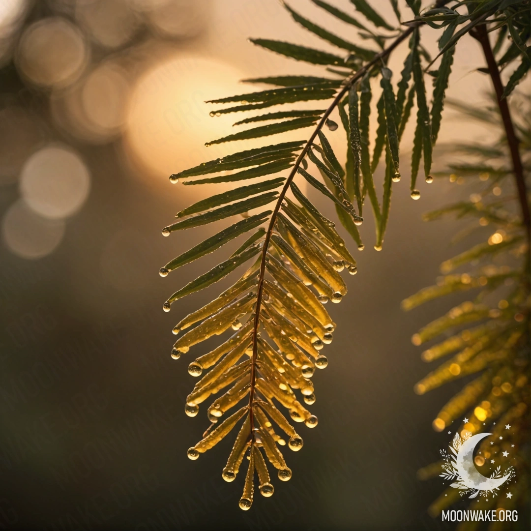 Близкий план цветка мимозы, украшенного каплями росы и имеющего кофейный цвет на фоне заката.