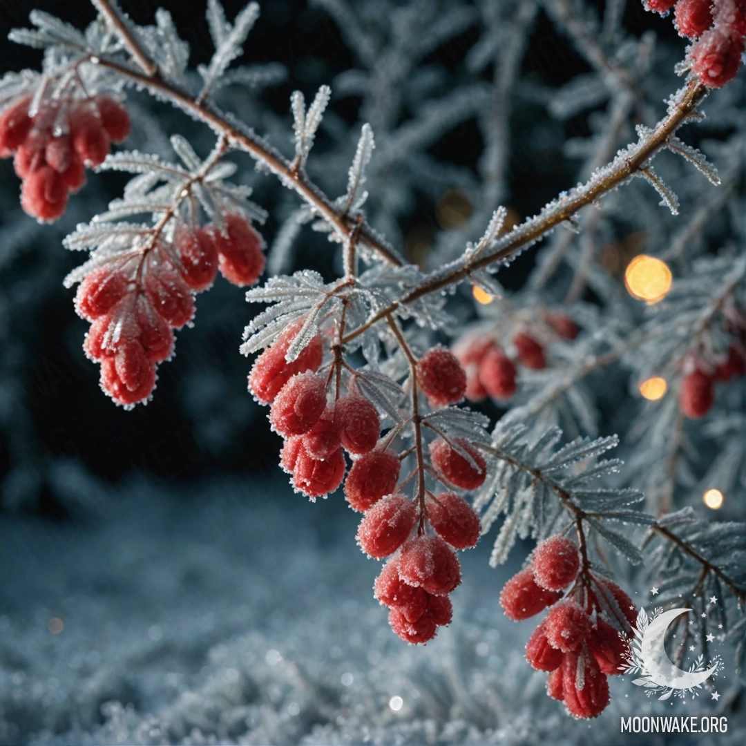 Крупный план красных мимоз, покрытых морозом, сверкающих под ночным небом.