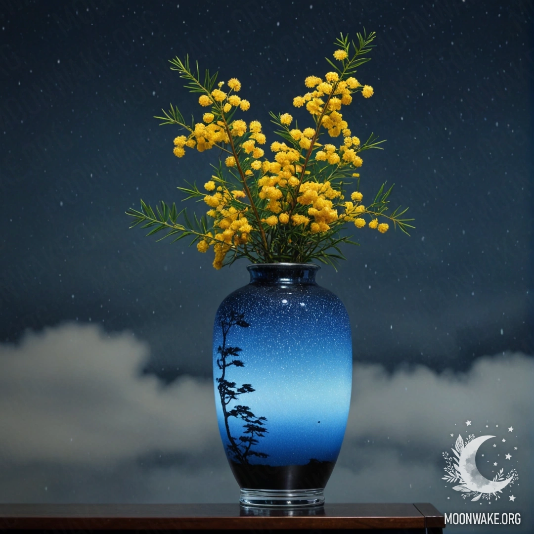 Голубая ваза с цветами мимозы под дождём ночью.