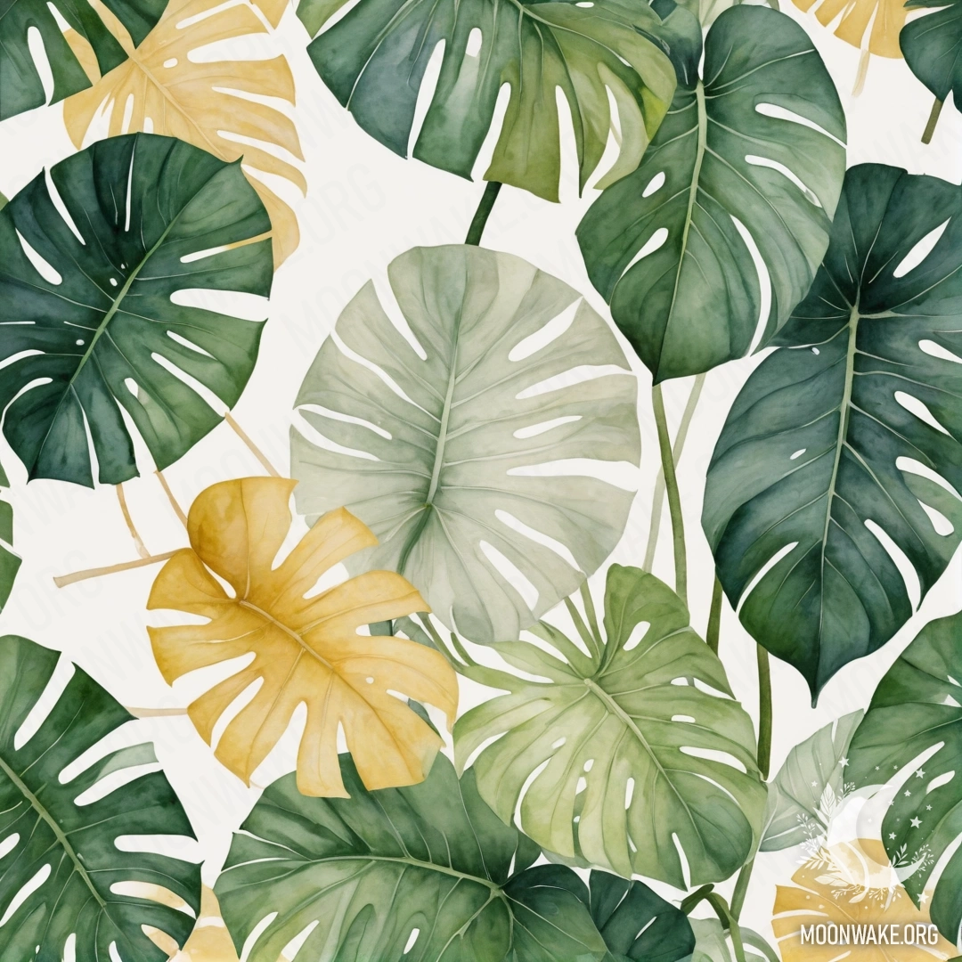 Минималистская акварельная картина с кремово-желтыми цветами и листьями монстеры.