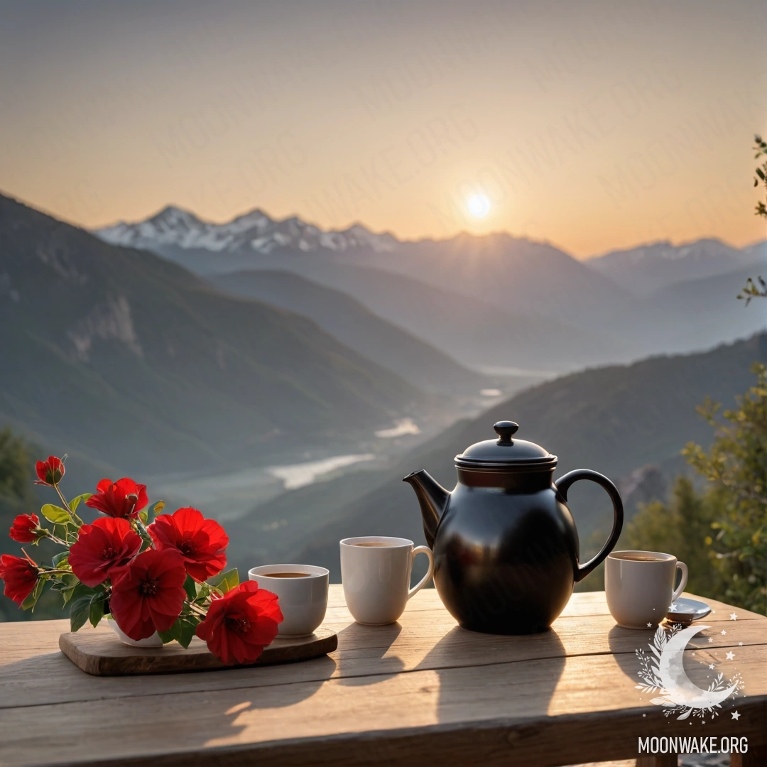 Деревянный стол с банкой красных цветов и кофейником на фоне гор на закате.