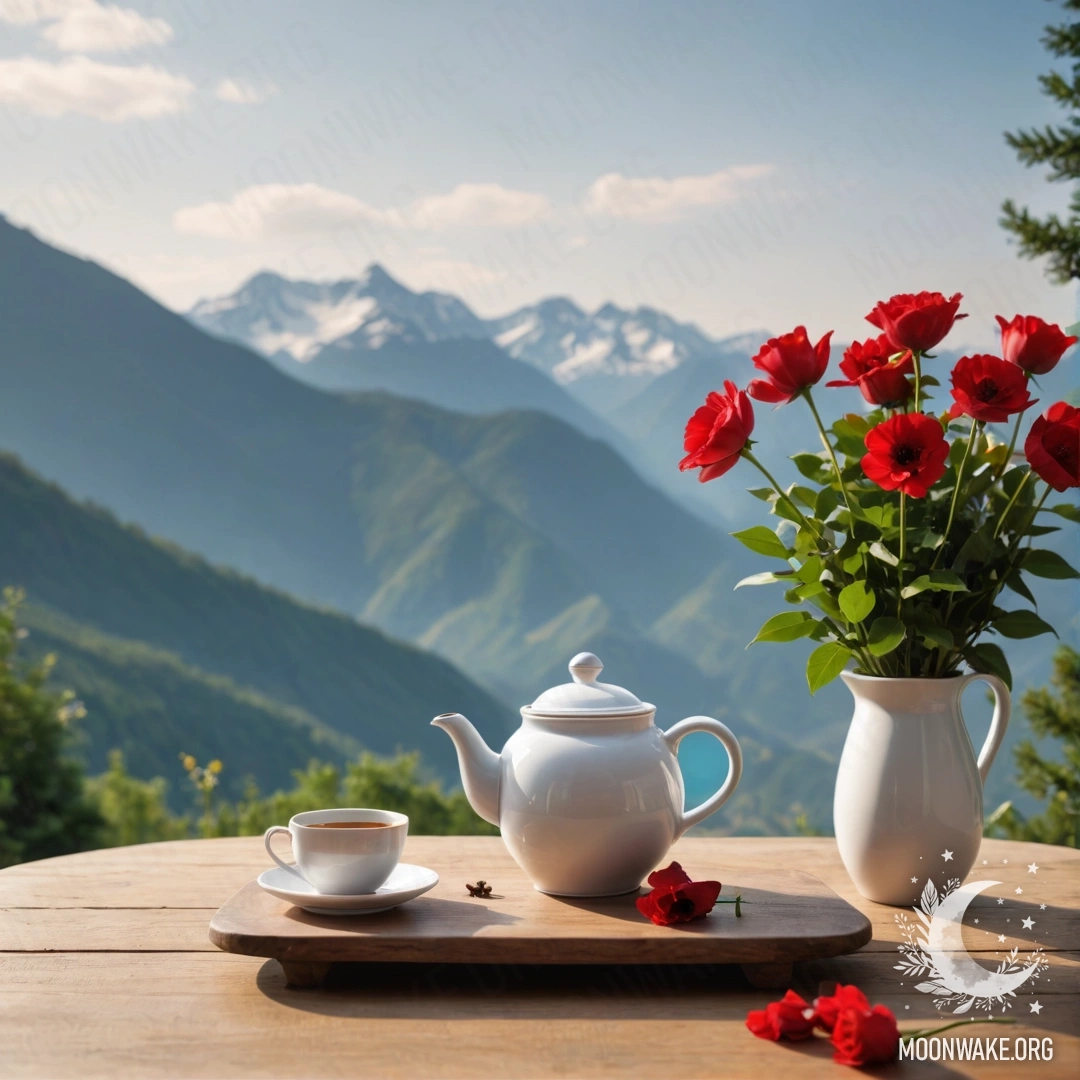 Деревянный стол на фоне гор, на котором стоит банка с красными цветами, кофейник и чашки с гирляндами