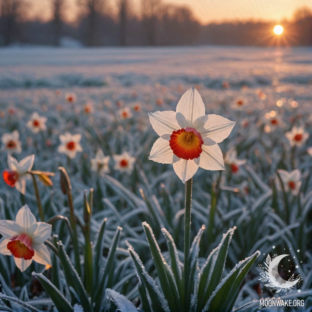 Минималистичная картина, изображающая красный нарцисс на ине в момент заката.