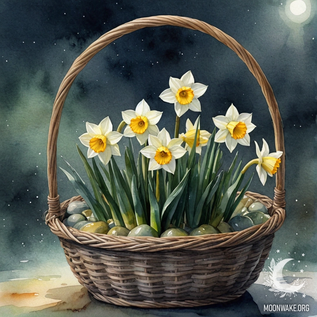 Минималистичная акварельная картина с цветком нарцисса в оливковой корзине, окруженной туманом ночью.