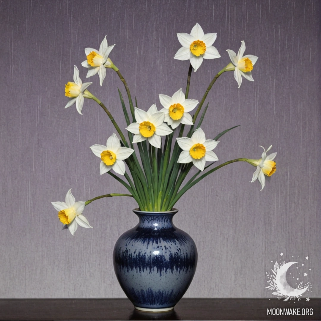 Нежный цветок нарцисса в лавандовой вазе, окруженный туманом и каплями дождя.