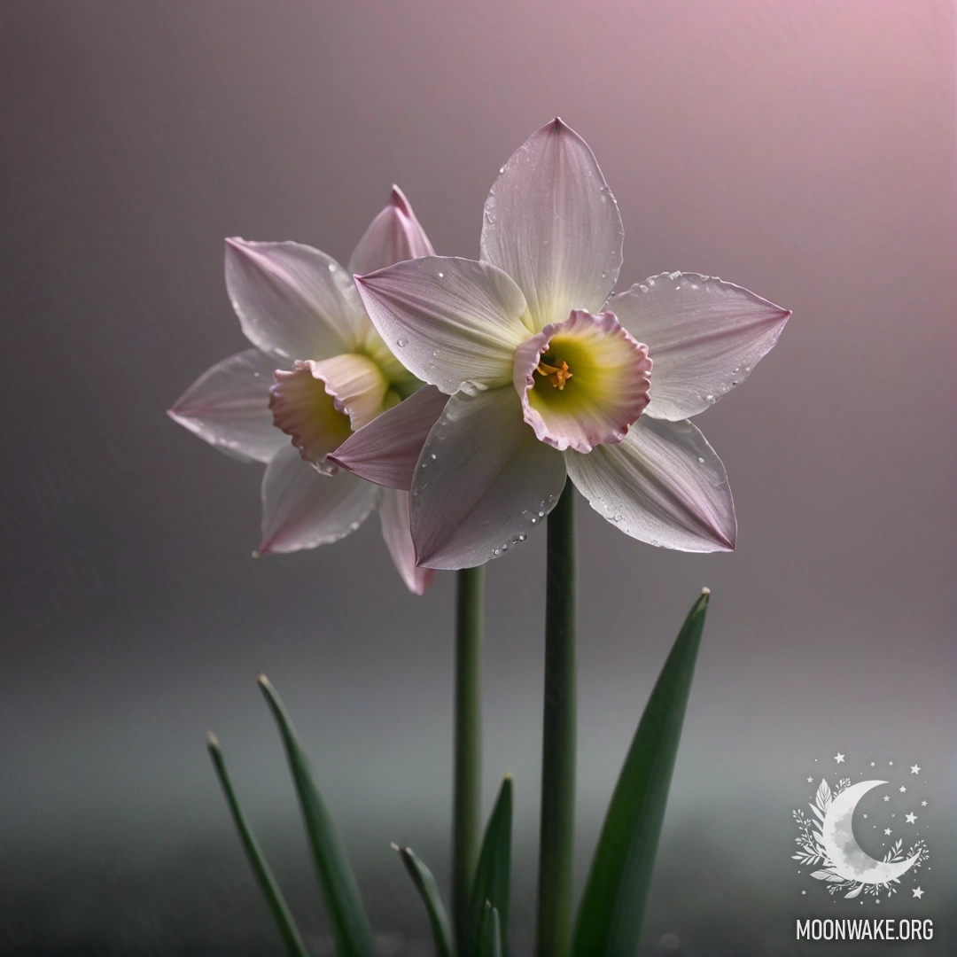 Розовый цветок нарцисса, окутанный густым туманом и украшенный стразами.