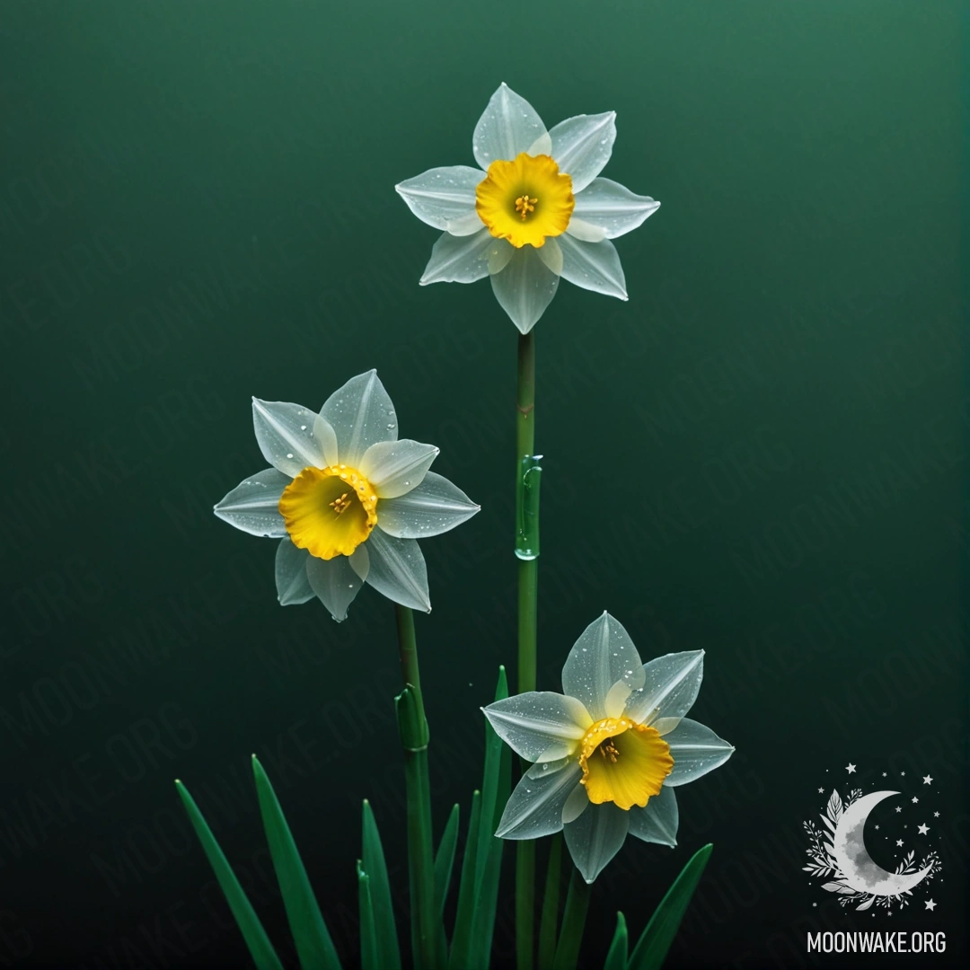 Зеленый цветок нарцисса появляется из тумана ночью, украшенный стразами, отражая элементы китайского искусства.