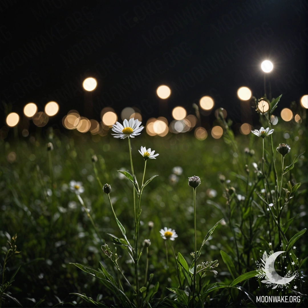 Крупный план нежных цветов на поле с размытым лесом на заднем плане ночью.