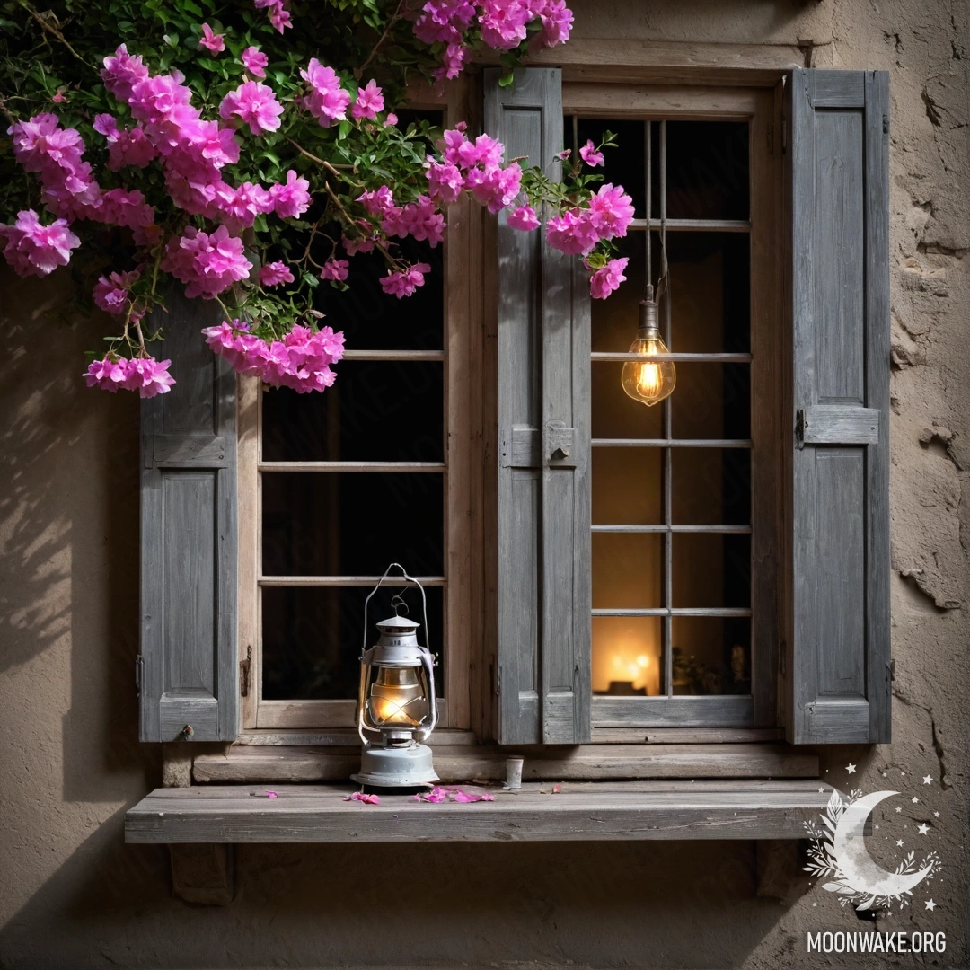 Деревянное окно с ставнями, украшенное розовыми цветами и керосиновой лампой, висящей над окном, ночью.