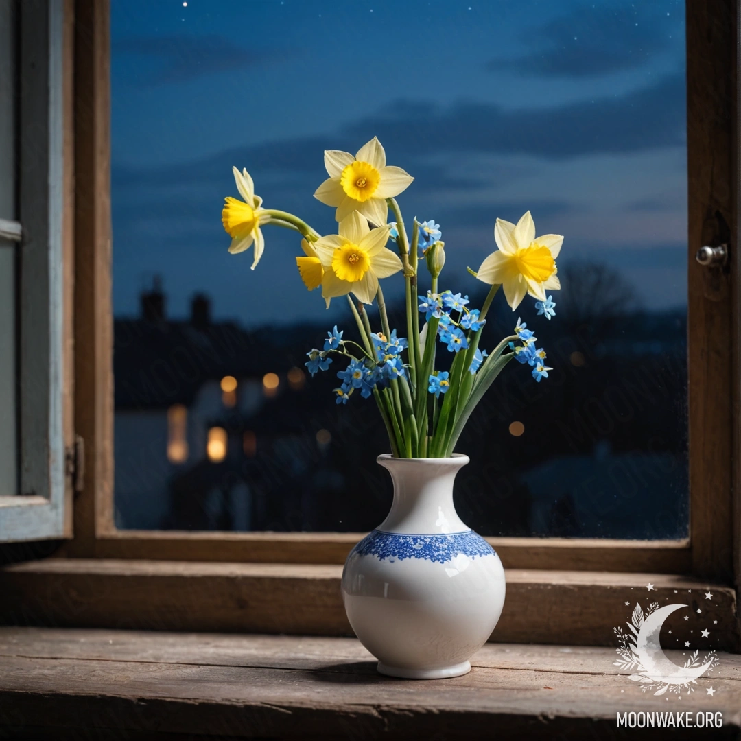 Старый шершавый подоконник ночью с белой фарфоровой вазой, в которой находятся нарциссы и незабудки.